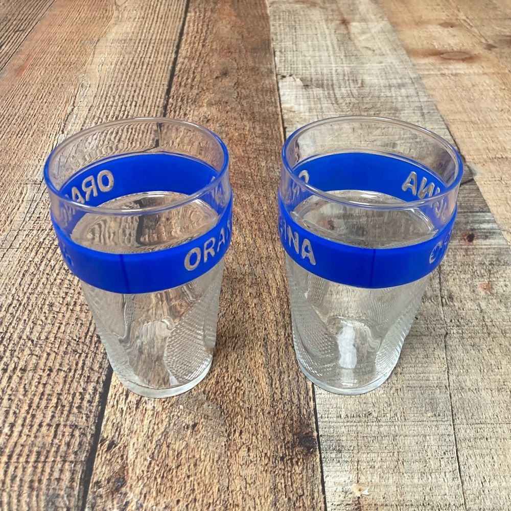 Vintage Orangina Textured Glass Tumblers Blue Band Set of 2 - Picture 4 of 5